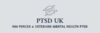 Logo for PTSD UK, featuring an abstract brain design with military figures and supportive hands, in shades of blue, green, white, and red, alongside the tagline 'Support. Awareness. Empowerment.